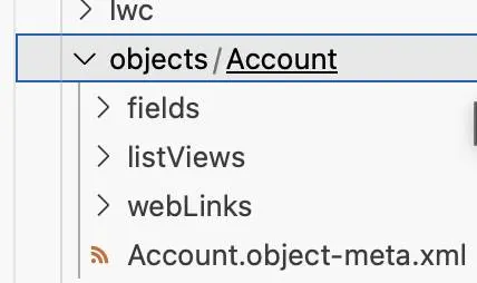 The force-app/main/default/objects/Account folder shows all the metadata files for the Account object.