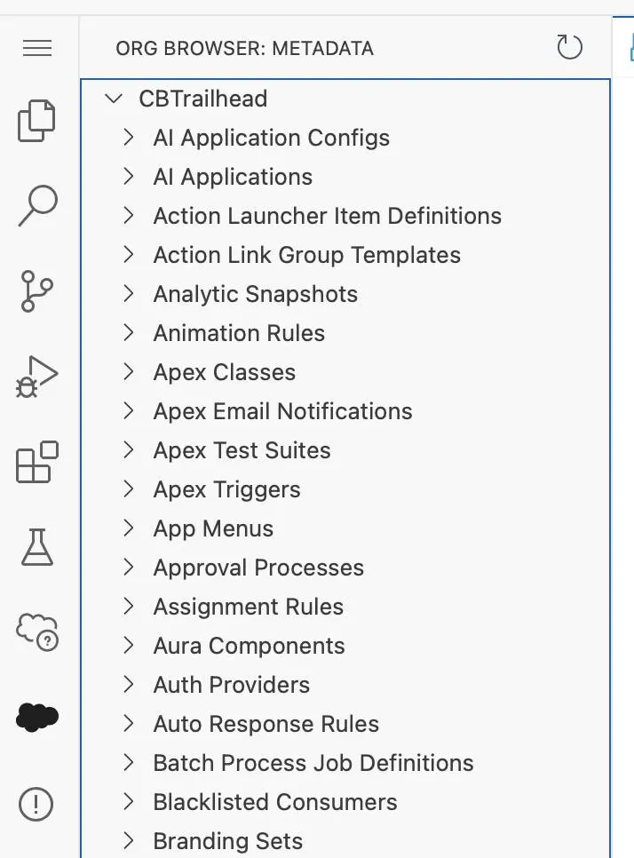 Code Builder’s org browser displays a list of CBTrailhead metadata from the connected org.