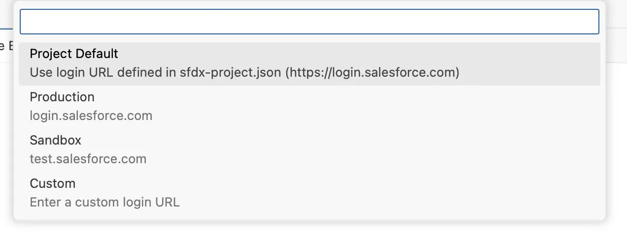 A list of options for authorizing different orgs: Project Default, Production, Sandbox, and Custom.