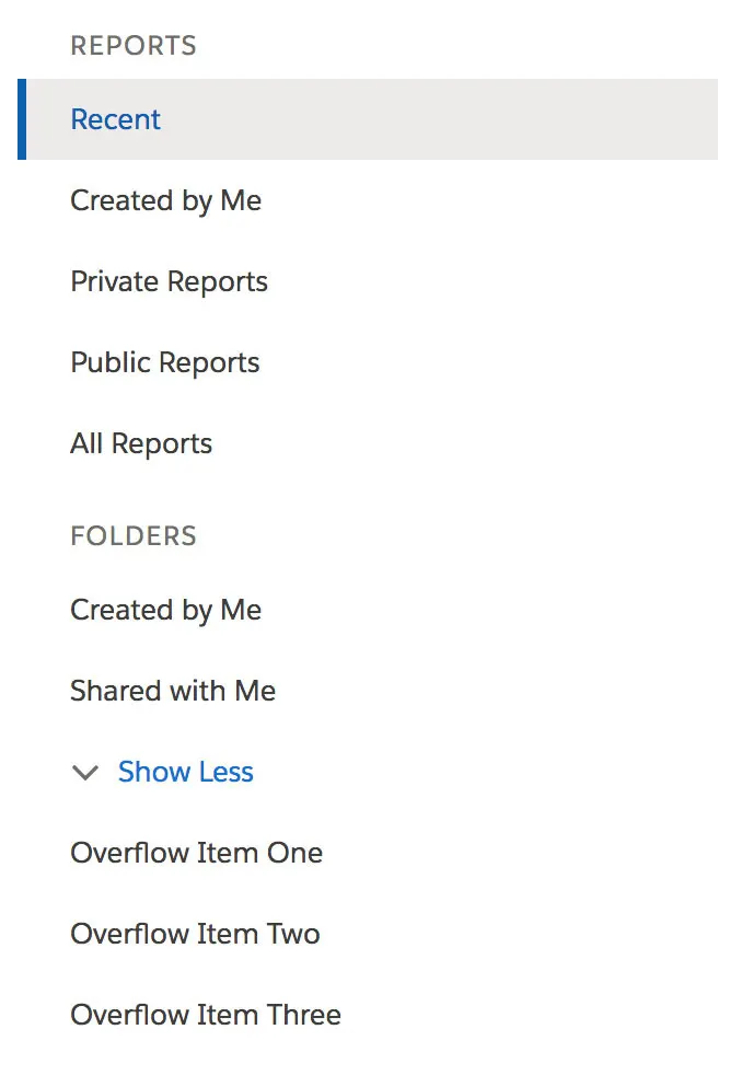 Reports navigation with Recent highlighted and a button labeled Show Less with several options listed beneath it.