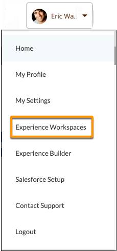 The profile header dropdown menu, with Experience Workspaces selected