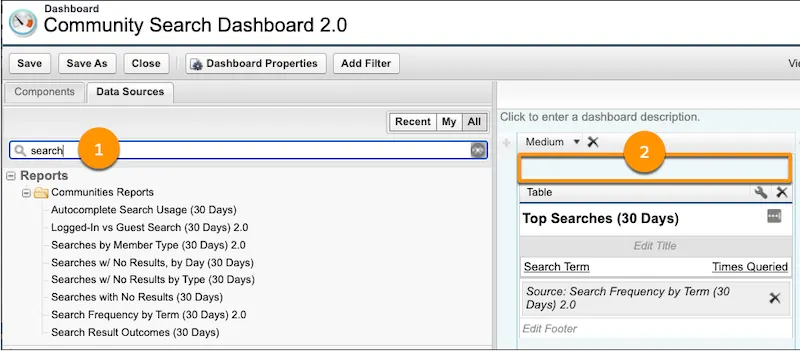 The Community Search Dashboard, showing the Reports list, reports matching the word