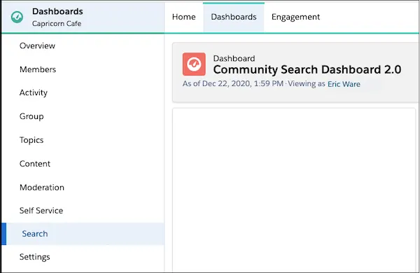 Dashboards page with the Search dashboard highlighted