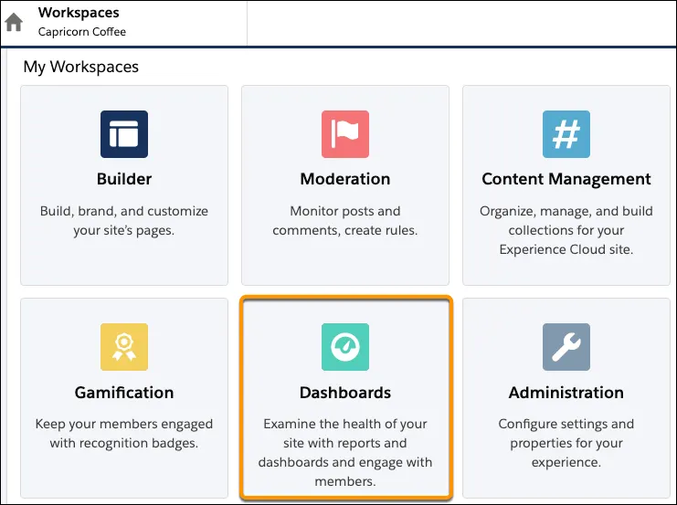 The My Workspaces menu, with the Dashboards tile highlighted