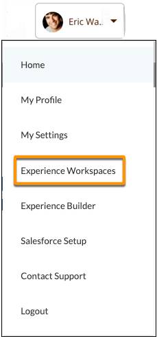 Le menu déroulant de l’en-tête de profil, avec Espaces de travail de l’expérience sélectionné