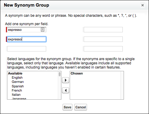 The dialog box for creating a synonym group, showing six separate fields for terms; you can also select the language for the synonym group