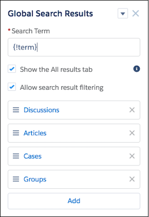 The Global Search Results component, with the default list of objects: Discussions, Articles, Cases, and Groups