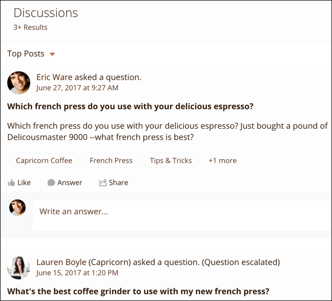 Expanded search results for Discussions; each result shows the title and text of the post, and the topics assigned to the post