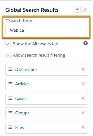 The Global Search Results component, with the Search Term field highlighted