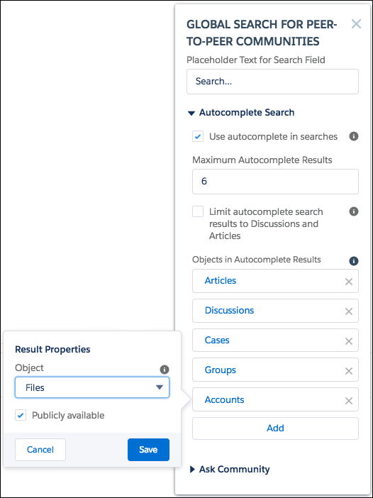 The Global Search for Peer-to-Peer Communities component, with the Result Properties open for the newly added object