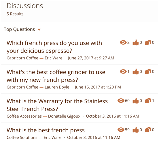 Compact search results for Discussions; each result shows the title of the post, the author of the post, and the topics assigned to the post