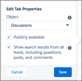 The Edit tab for Discussions, with a checkbox to make search results publicly available and a checkbox to show search results from all feeds, including questions, posts, and comments