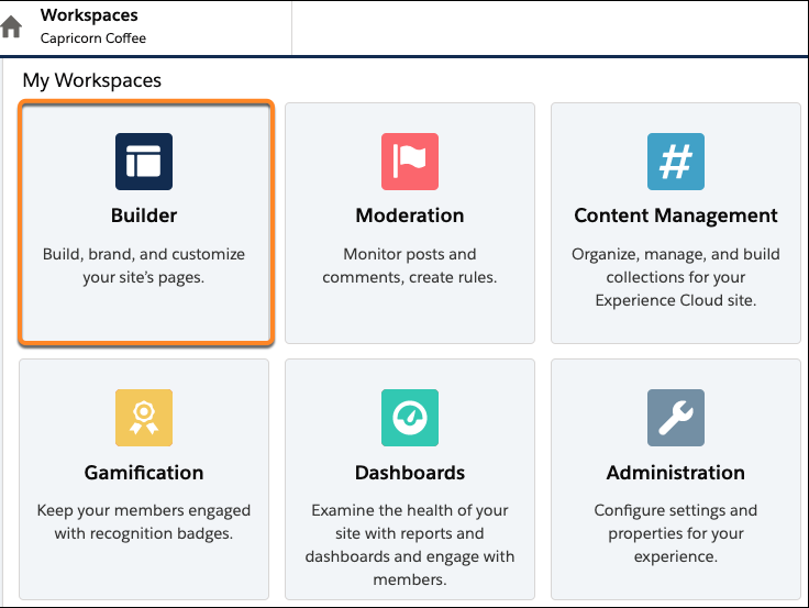 Experience Workspaces, with the Builder tile highlighted