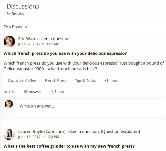 Expanded search results for Discussions; each result shows the title and text of the post, and the topics assigned to the post