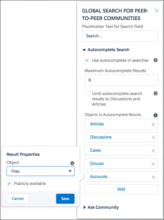 The Global Search for Peer-to-Peer Communities component, with the Result Properties open for the newly added object