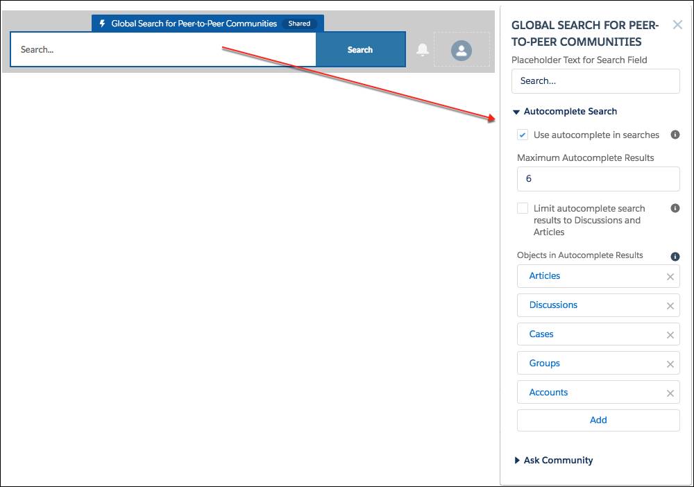 The search box highlighted in blue, and the Global Search for Peer-to-Peer Communities component open