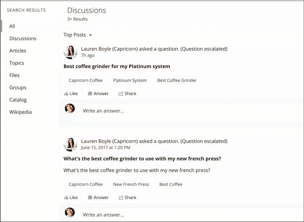 The All results tab, showing search results for Discussions, Articles, Topics, Files, Groups, and Wikipedia.