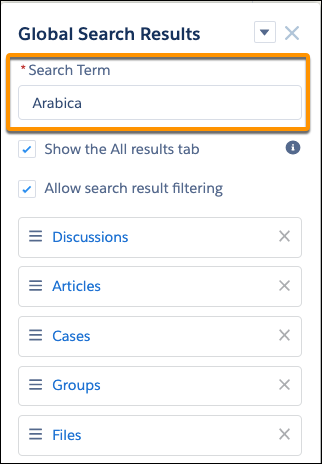 The Global Search Results component, with the Search Term field highlighted