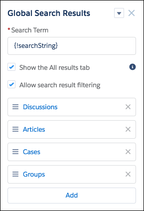 Le composant Résultats de la recherche globale, avec la liste des objets par défaut : Discussions, Articles, Requêtes et Groupes