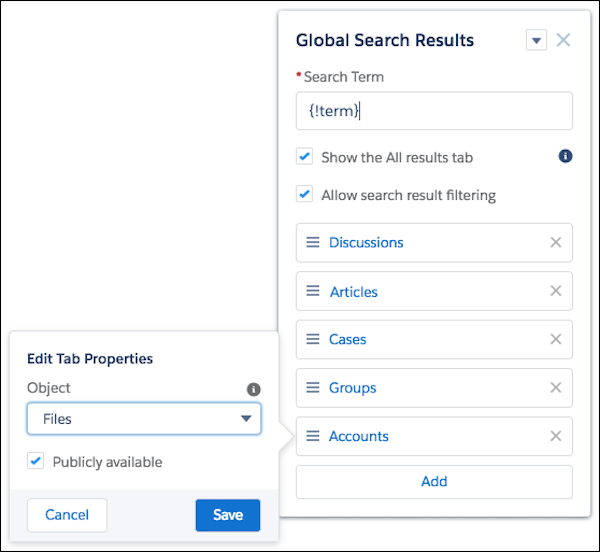 O componente Resultados da Pesquisa global, com a opção Editar propriedades da guia aberta para o objeto recém-adicionado