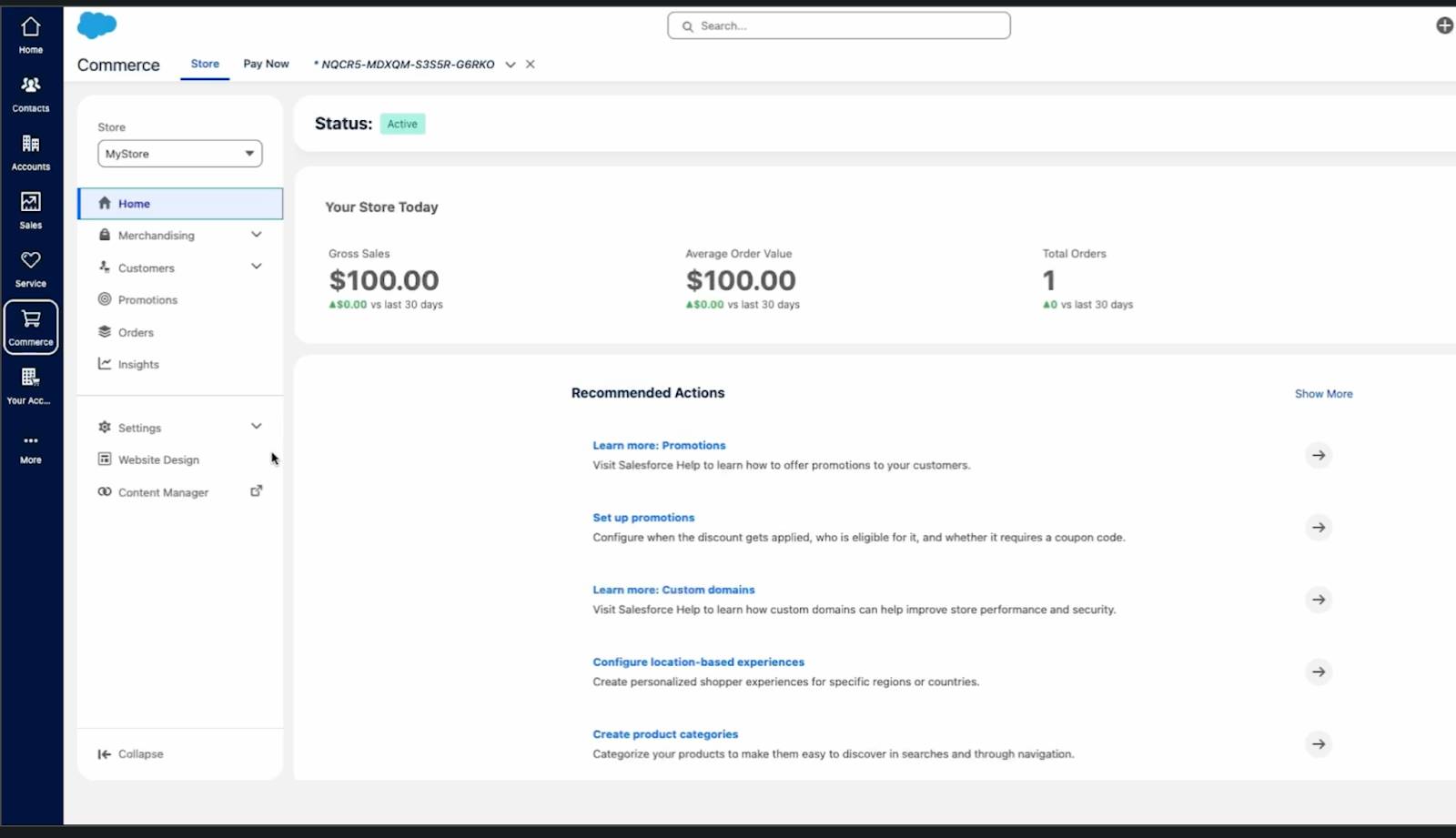 The commerce section of Starter Suite’s unified dashboard, displaying gross sales, average order value, total orders, and recommended actions to take.