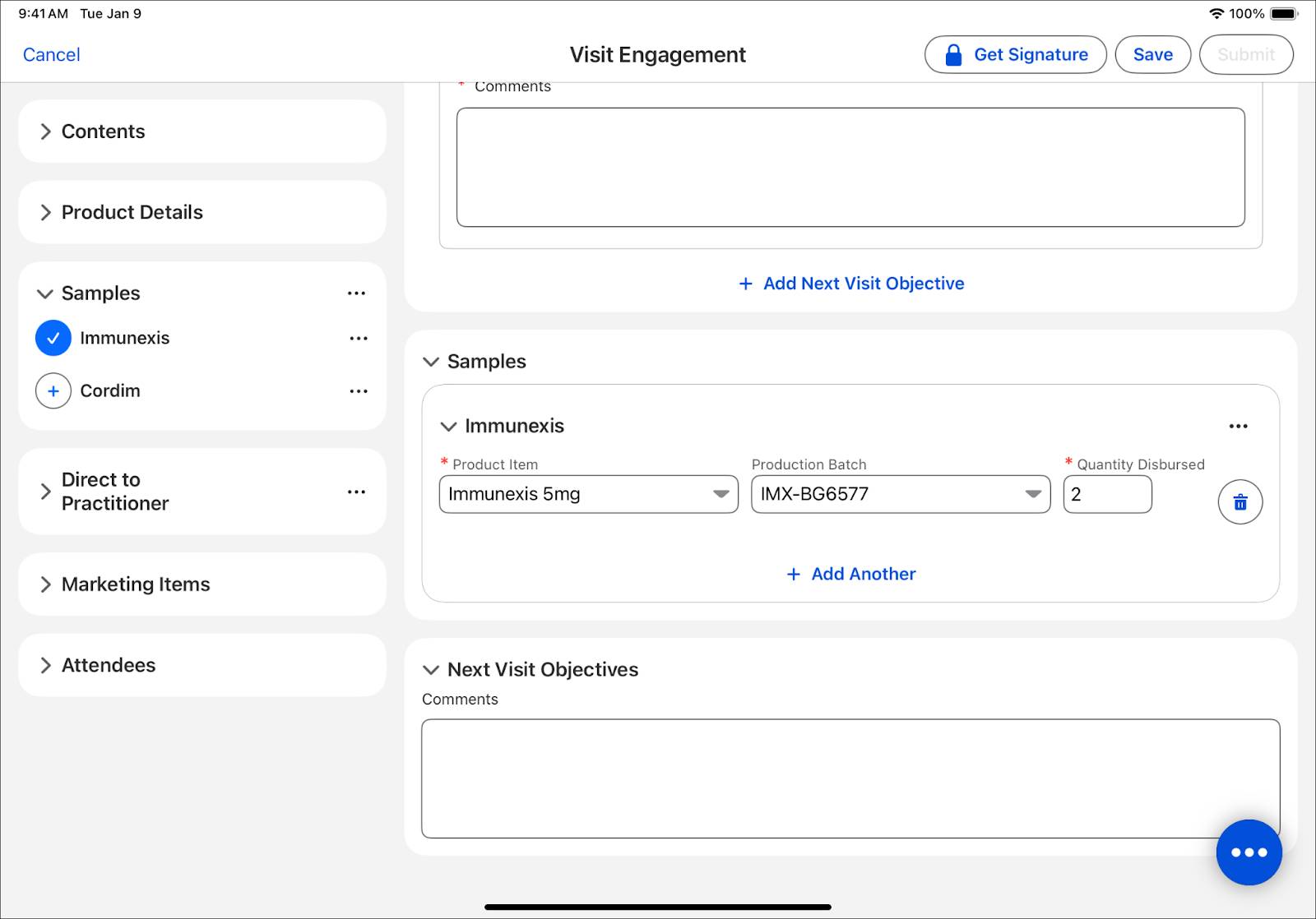 Visit Engagement screen with Samples for Immunexis, along with its production batch and quantity specified.
