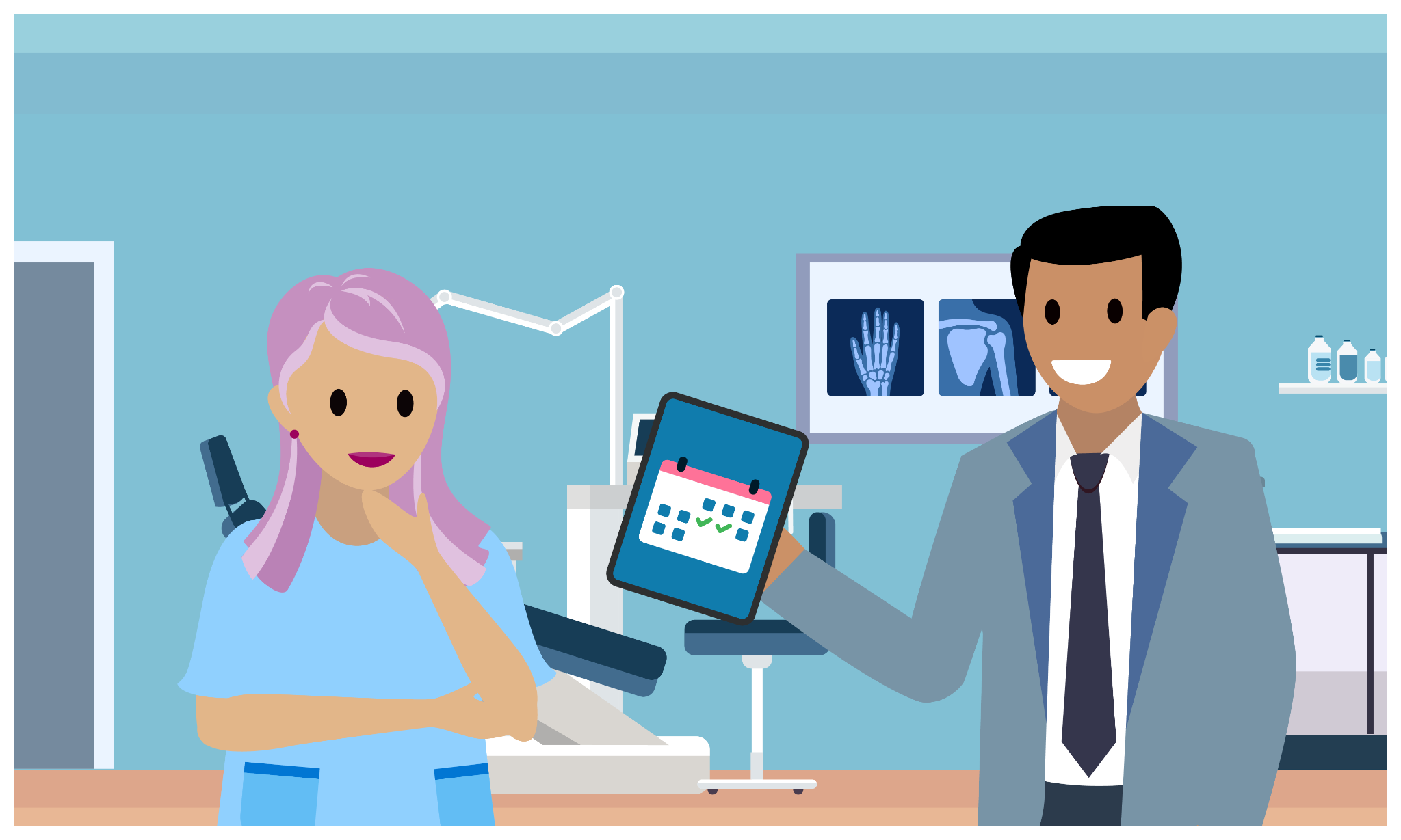 Illustration of a pharma field rep reviewing a visit plan on a tablet while meeting with a healthcare professional in a clinic.