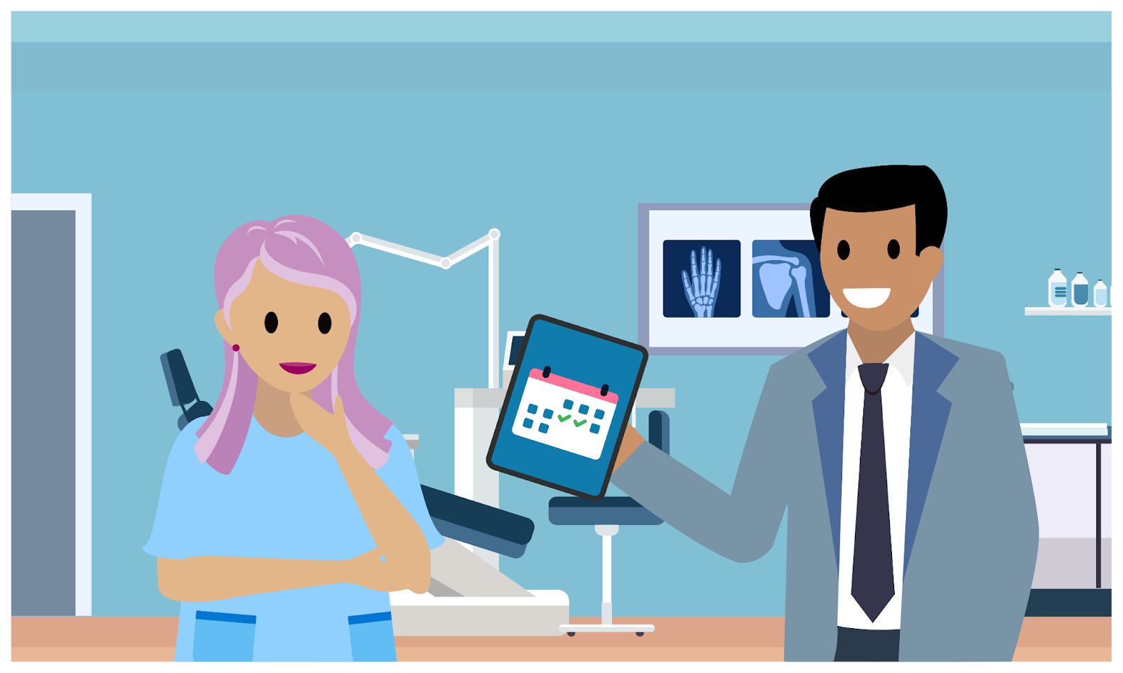 製薬フィールド担当者が診療所でヘルスケア従事者と会い、タブレットで訪問プランを確認しているイラスト。
