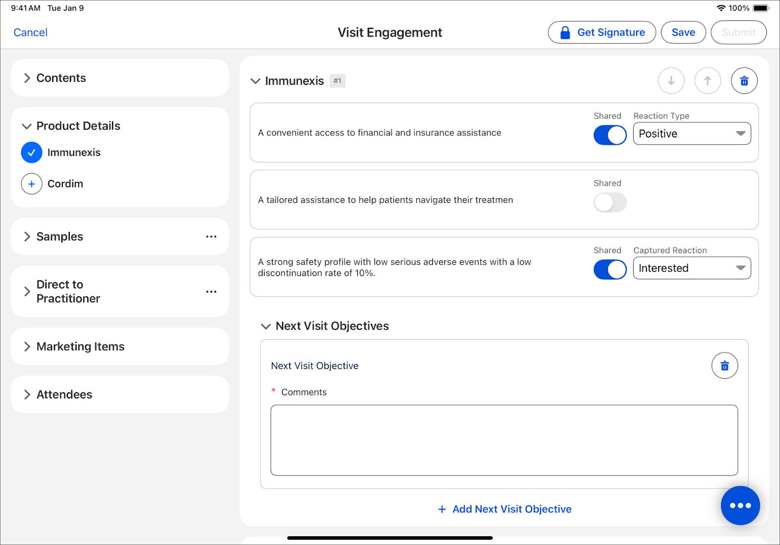 Visit Engagement screen with Immunexis Messages listed along with a reaction type for each.