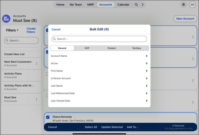 Bulk Edit window for selected Accounts from Must See filter.