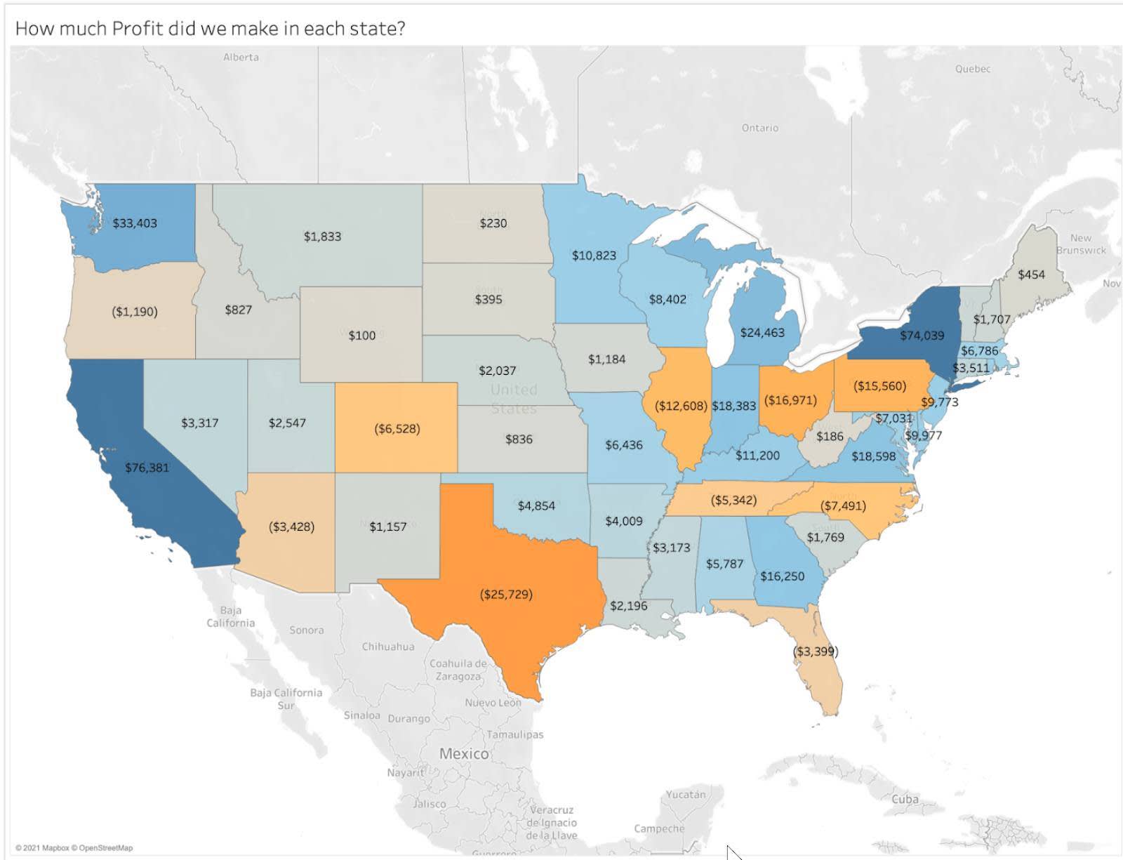 Choropleth map using color to show profit and loss for states in the US.
