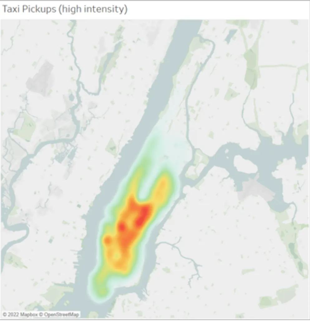 Carte de densité montrant les prises en charge par un VTC à Manhattan, NY.