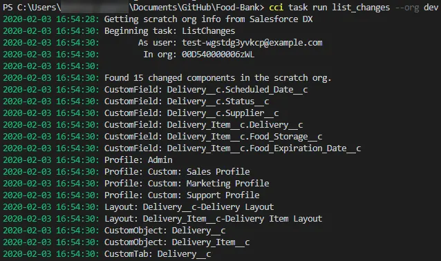 Sample output from the list_changes task, showing components that were changed