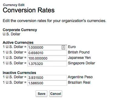 Lista de tipos de cambio para divisas activas e inactivas