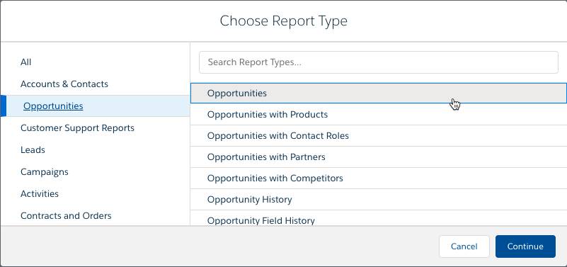 Janela de seleção de tipo de relatório do Criador de relatórios do Lightning com a opção Oportunidades selecionada