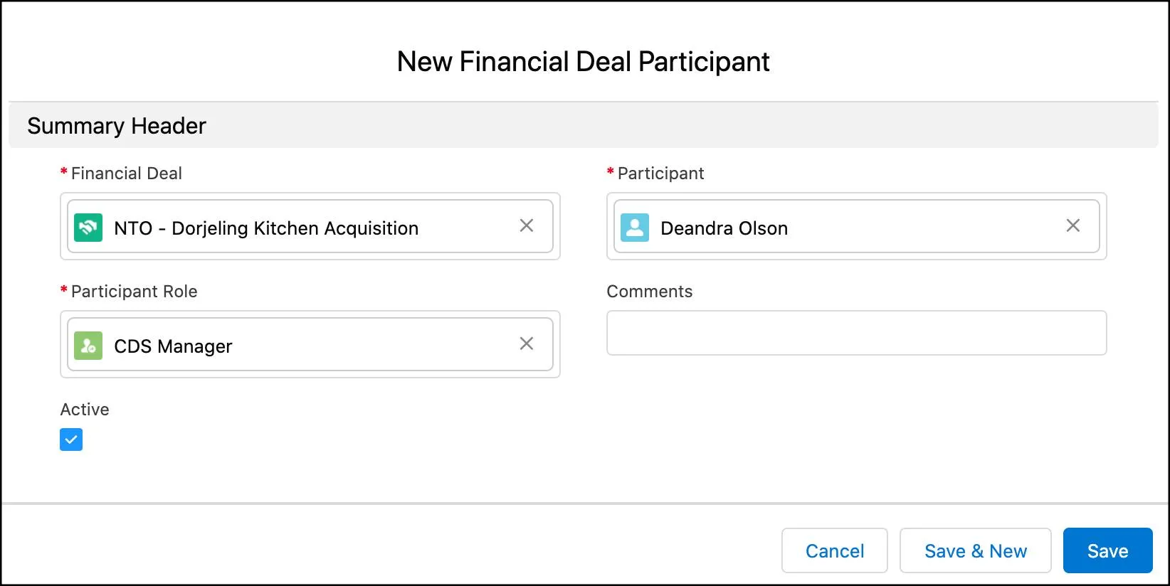 The New Financial Deal Participant window.