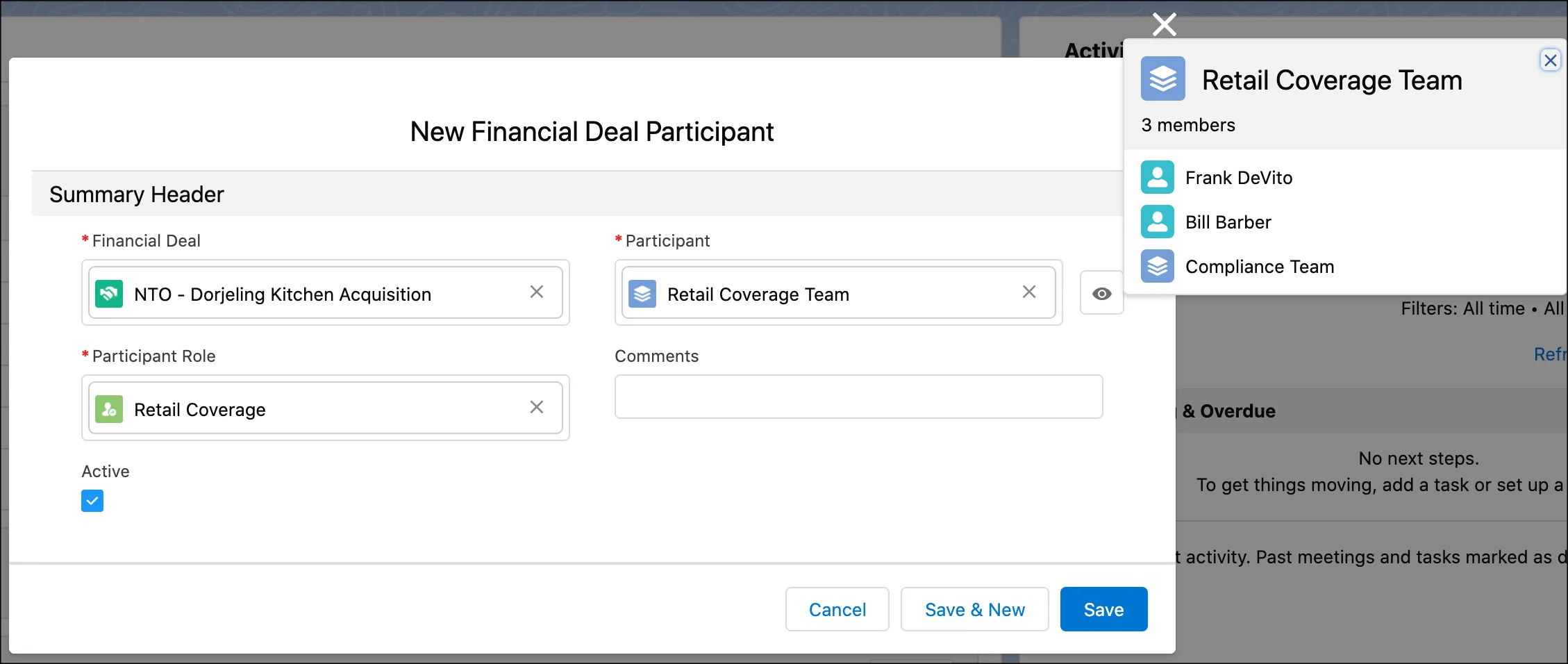 The New Financial Deal Participant window showing the list of members in the Retail Coverage Team.