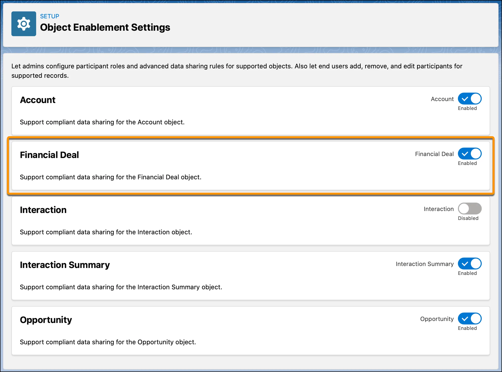 Object Enablement Settings page showing supported objects.