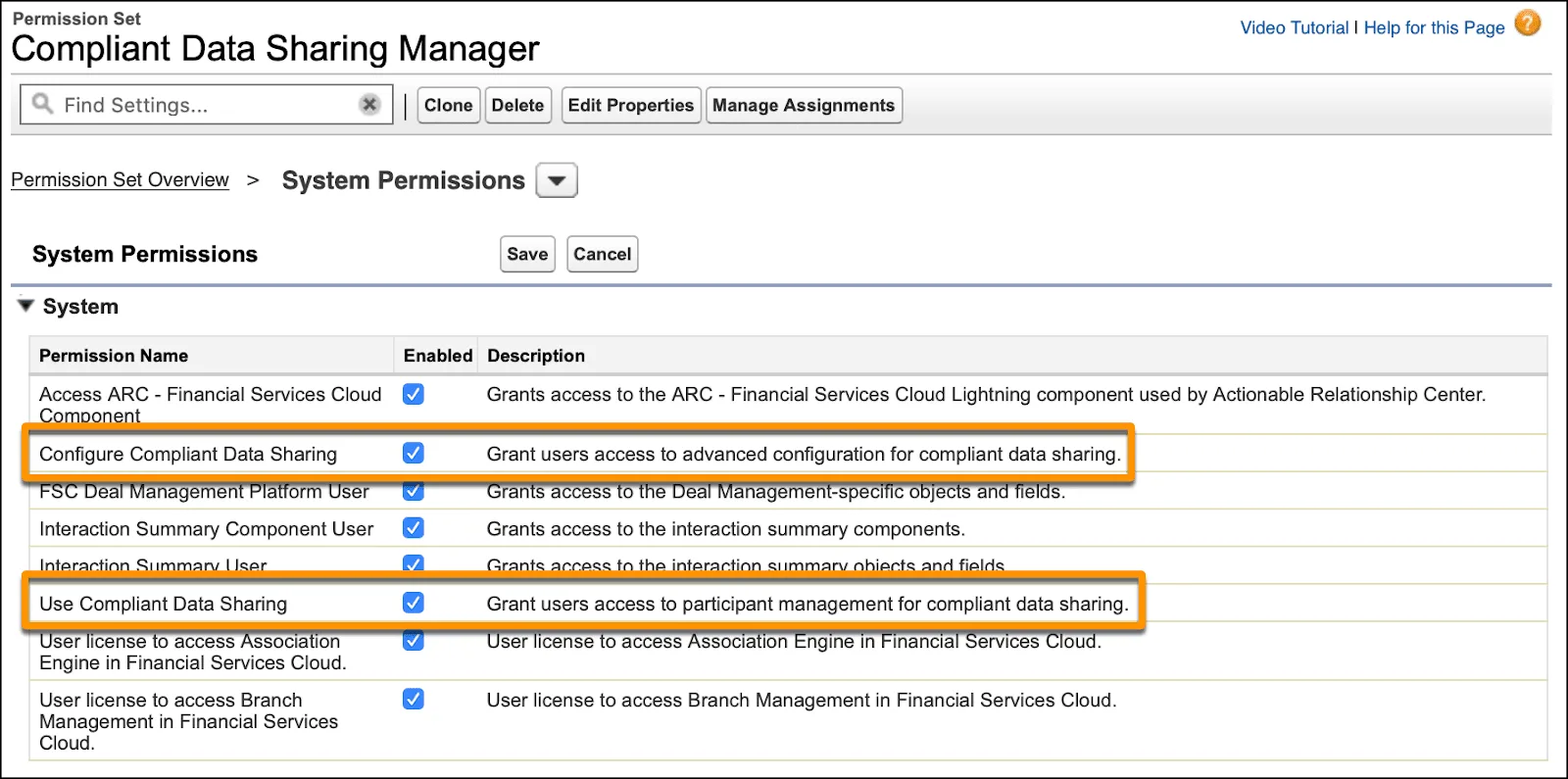 System Permissions page showing a list of permissions that can be enabled or disabled.