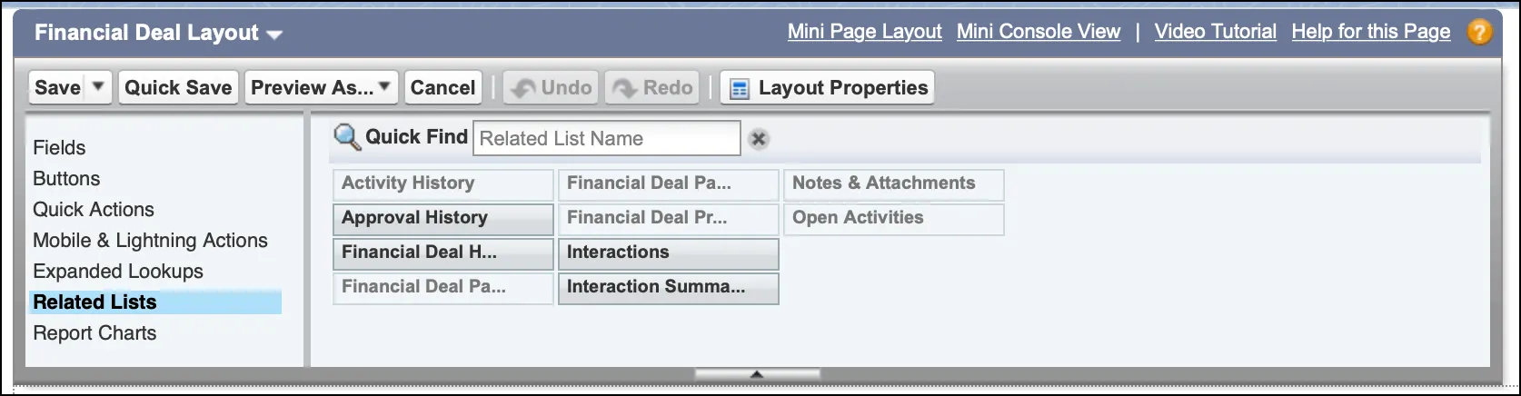 Related List fields available for the Financial Deal page layout.