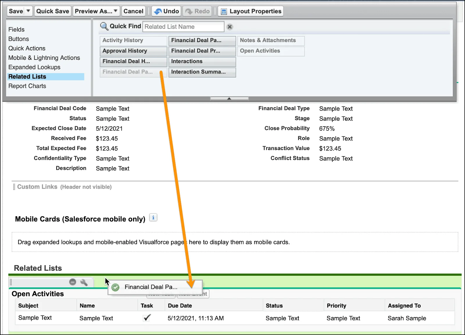 Related Lists section with Financial Deal Participants field added.