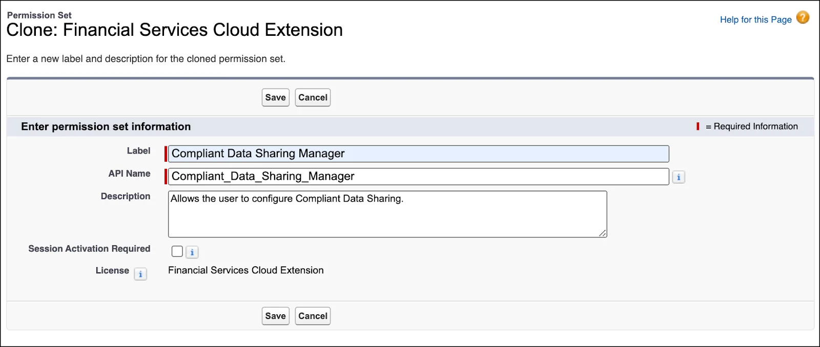 Cloning page for Financial Services Cloud Extension permission set.