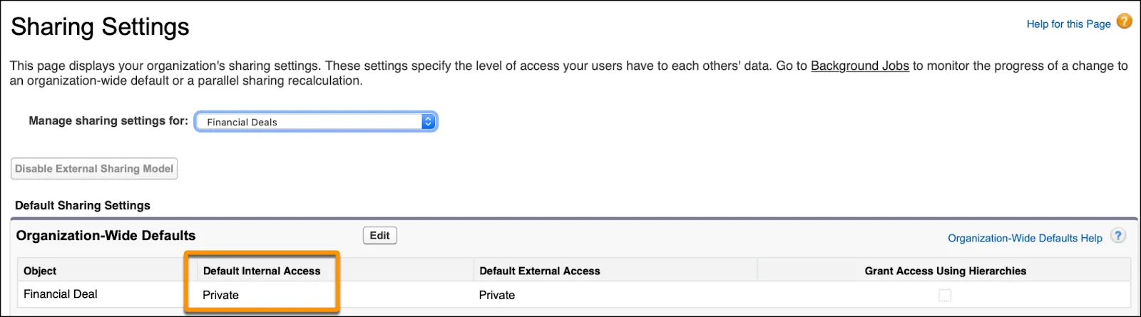 Sharing Settings page showing Default Internal Access for the Financial Deal object.