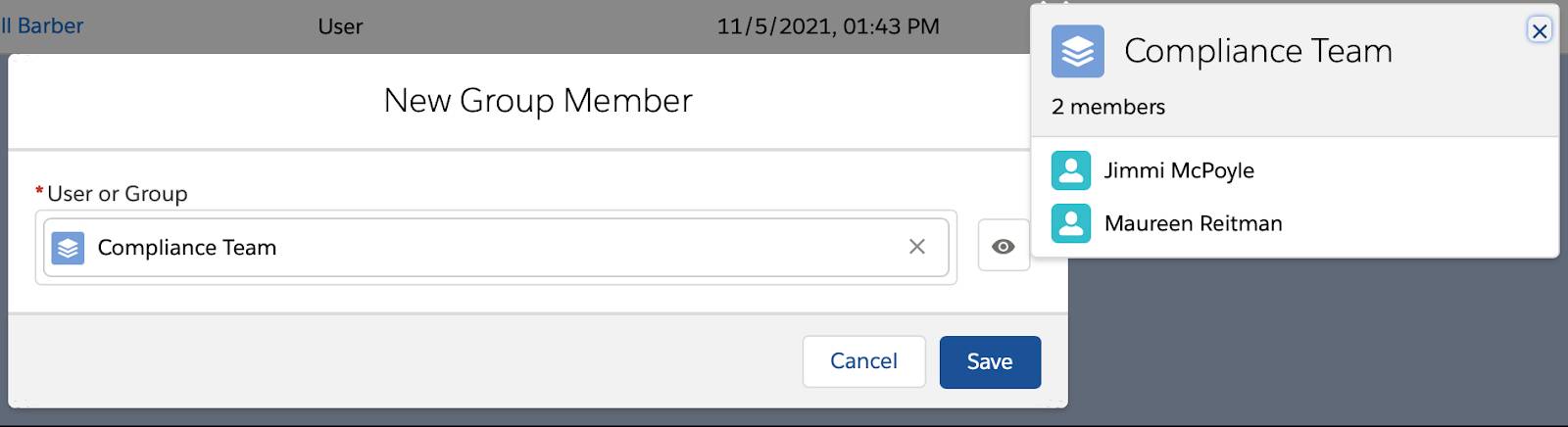 New Group Member window showing members of the Compliance Team.