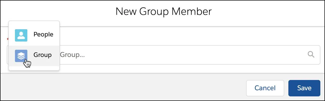 New Group Member window with Group option selected.