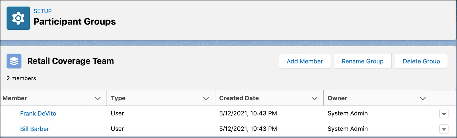 Participant Groups page showing the list of members in the Retail Coverage Team.