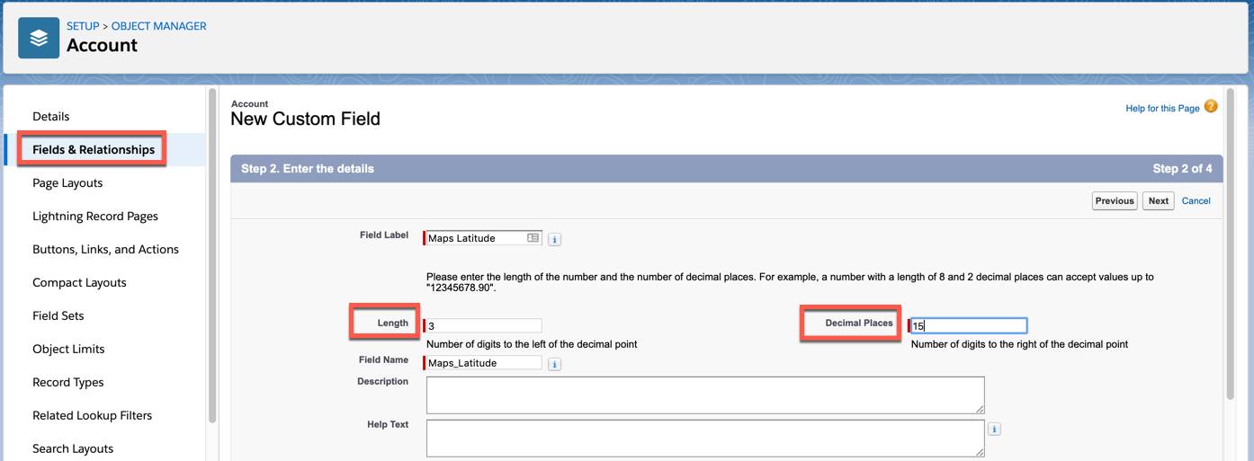 Screenshot shows the second step of creating a field in the account object. The Length and Decimal Places are highlighted.