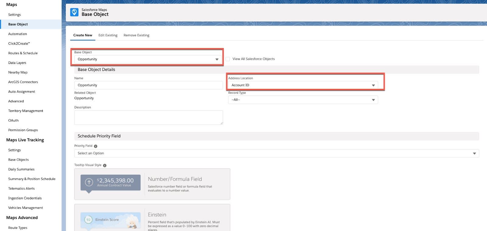 Screenshot shows the base object menu. The base object selection fields and the address location field are both highlighted.