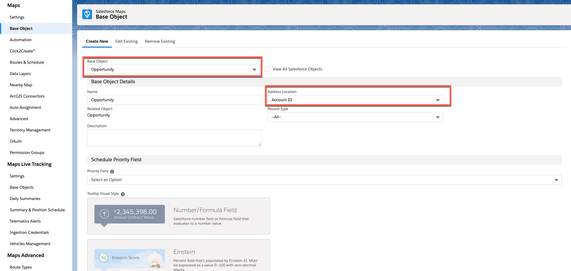 Screenshot shows the base object menu. The base object selection fields and the address location field are both highlighted.