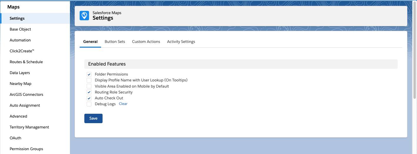 Screenshot shows the Salesforce Maps Configuration Settings menu.